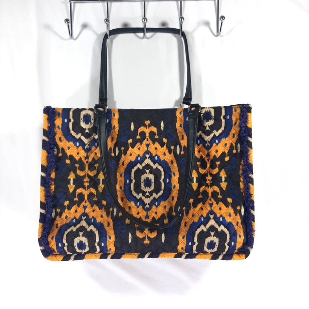 Khaadi Ikat Quilted Tote Bag Orange‎ Blue Black Geometric Fringe Shoulder Bag